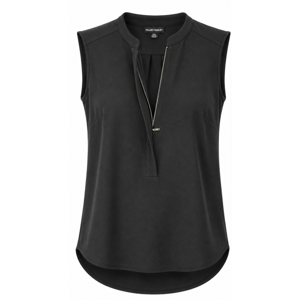 Hilary Radley Quarter Zip Sleeveless Blouse Women Size Medium Black Curved Hem